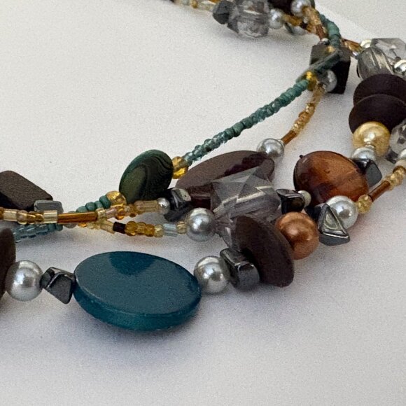 Multi Strand Brown Teal Wood Beaded Necklace Boho Layered Statement Jewelry - Picture 3 of 8